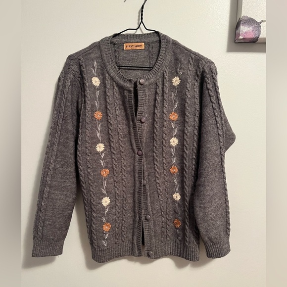 First Lady Sweaters - First Lady Cable Knit embroidered Cardigan- Medium PTP 19.5 inch